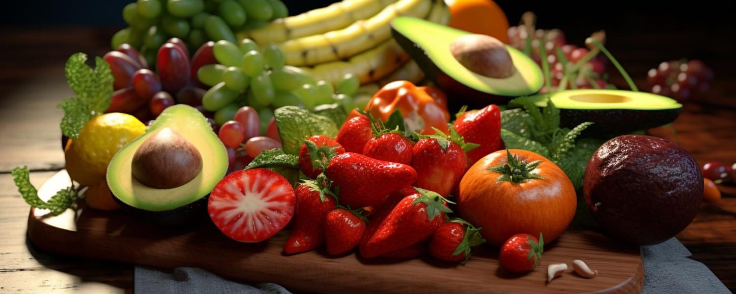 Alimentos saudáveis para a dieta da gordura no fígado, incluindo vegetais e proteínas magras.
